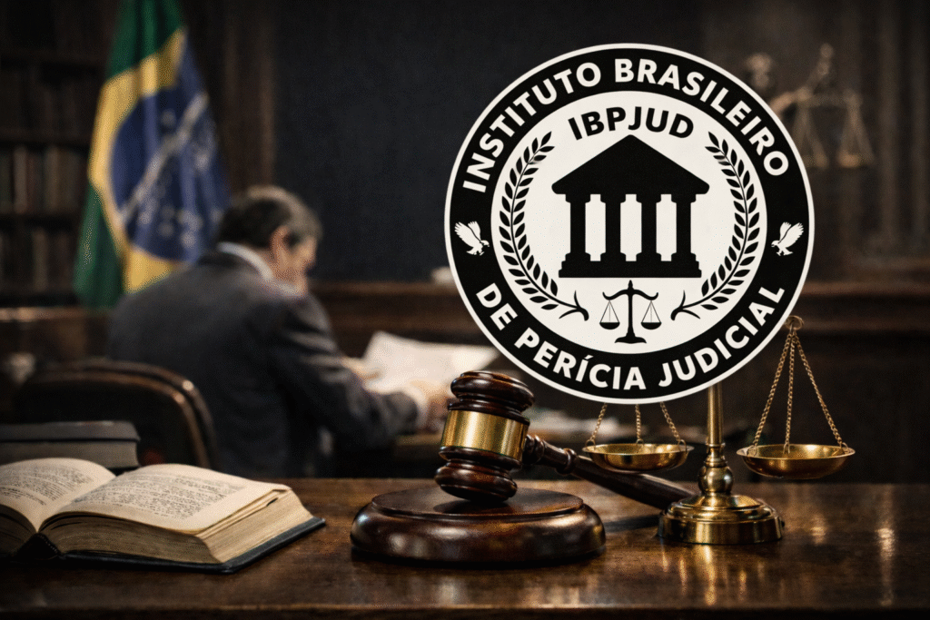 Logotipo do Instituto Brasileiro de Perícia Judicial (IBPJUD) em destaque, com martelo do juiz, balança da justiça e bandeira do Brasil ao fundo.