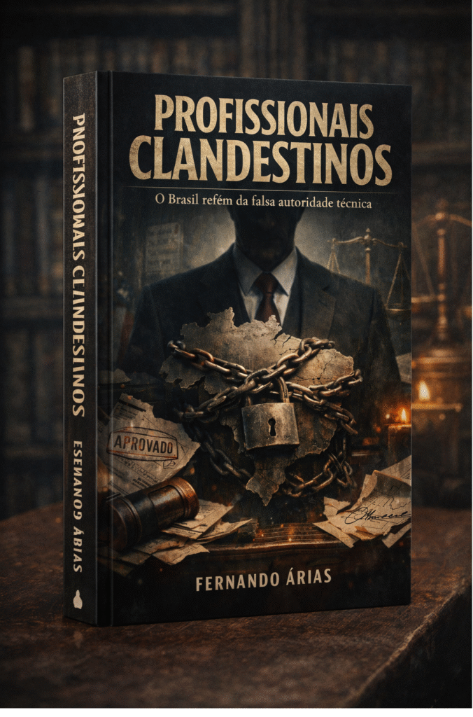 Imagem institucional do livro Profissionais Clandestinos denunciando a falsa autoridade técnica e o exercício ilegal de profissões regulamentadas no Brasil.