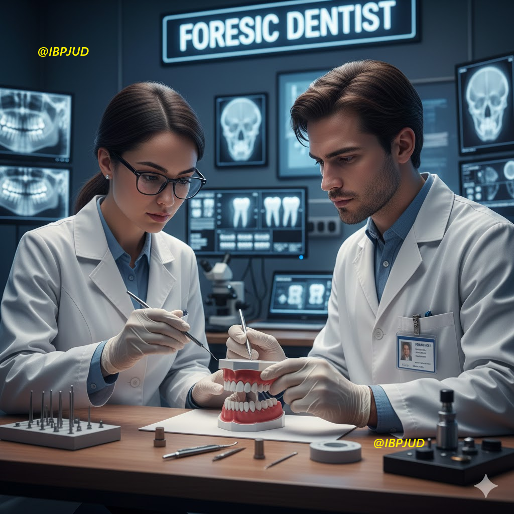 Especialistas em odontologia forense analisando arcada dentária em laboratório de alta tecnologia com radiografias ao fundo