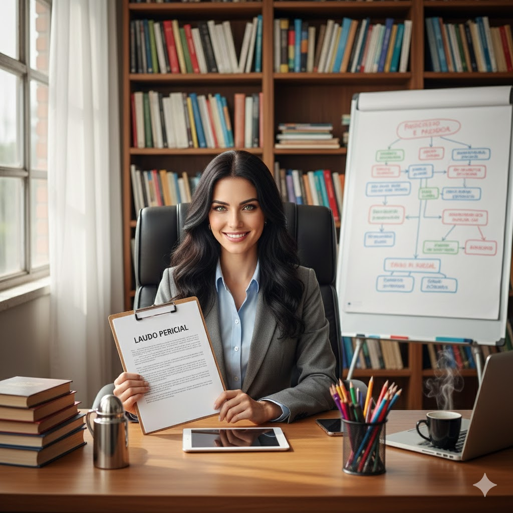 Mulher morena de terno cinza sorrindo em escritório pedagógico, segurando prancheta com laudo pericial.