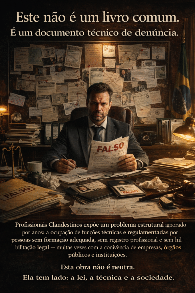 Imagem institucional do livro Profissionais Clandestinos denunciando a falsa autoridade técnica e o exercício ilegal de profissões regulamentadas no Brasil.
