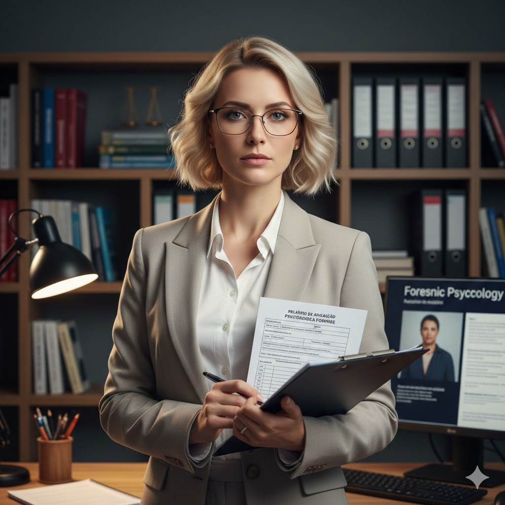 Mulher de 30 anos, psicóloga forense e perita judicial, vestindo blazer formal e óculos, segurando prancheta com relatório técnico em um escritório especializado. Ao fundo, estante de livros jurídicos e monitor com a inscrição Forensic Psychology. Estilo hiper-realista.
