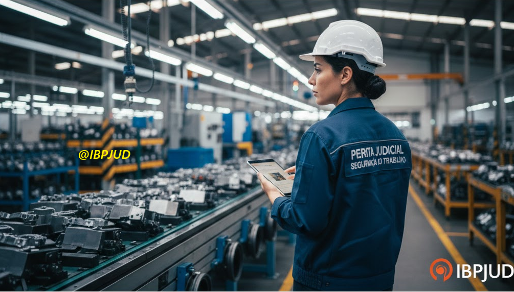 Perita judicial de segurança do trabalho inspecionando fábrica de usinagem automobilística, usando colete de identificação e segurando prancheta.